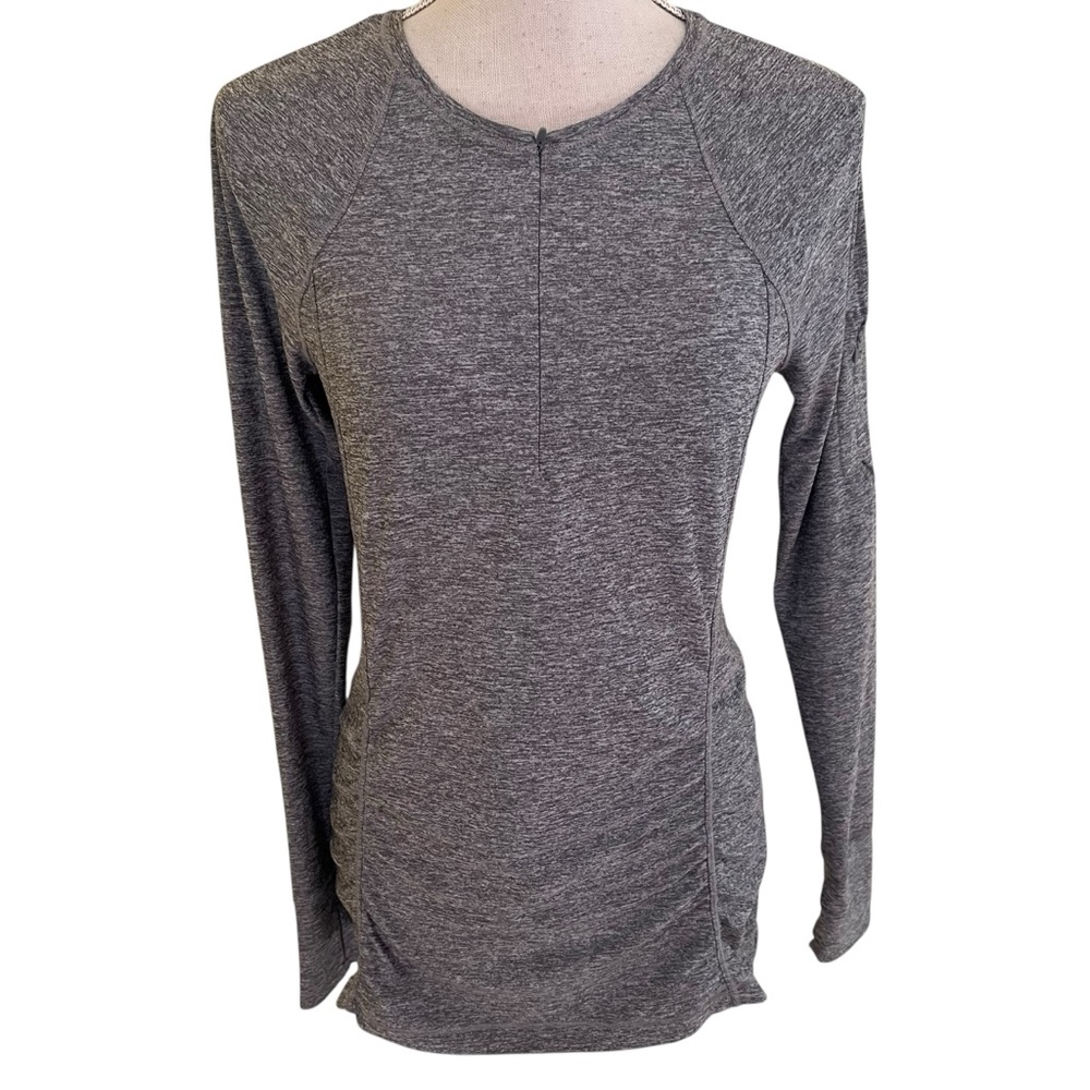 Athleta Grey Heather "Fast Track" Zipper Neckline Ruched Long Sleeve Top M